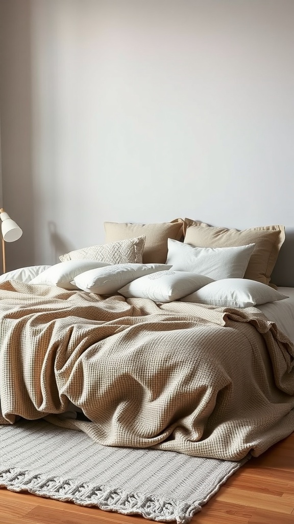 A minimal bedroom featuring textured layers of bedding in neutral tones with various pillows and a cozy blanket.