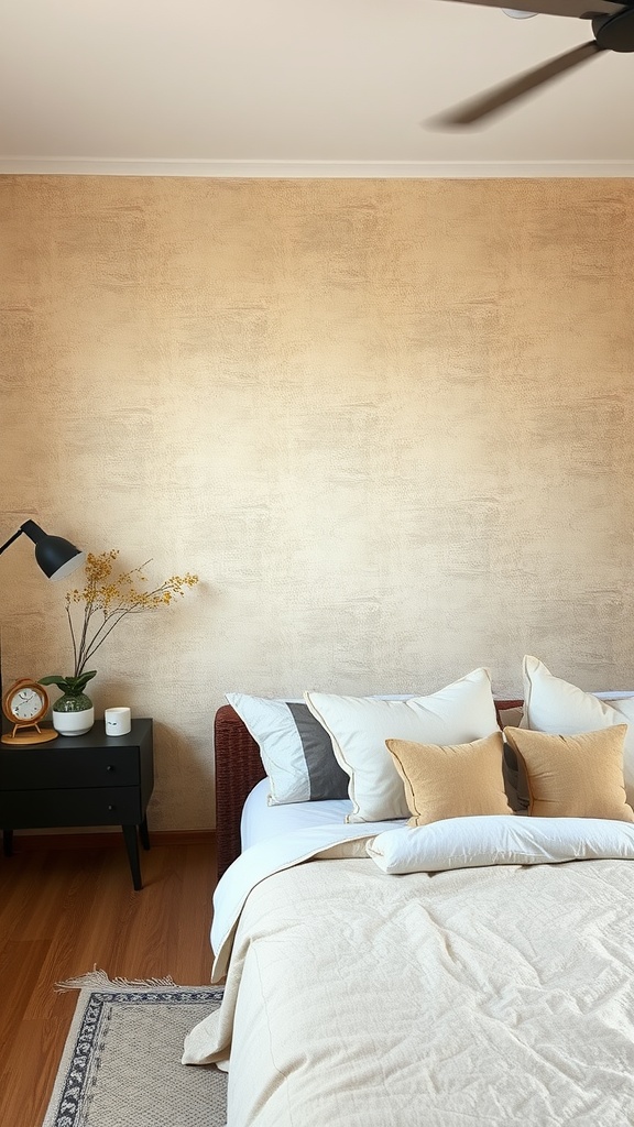A cozy bedroom featuring textured beige wallpaper, a neatly made bed with soft pillows, and a stylish nightstand.