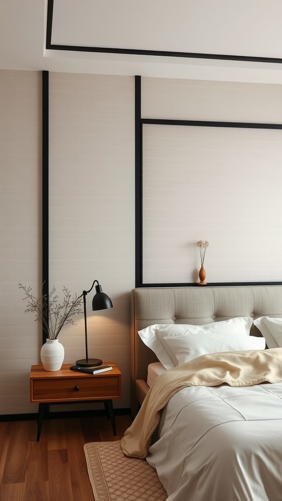 A cozy bedroom featuring textured beige walls with black trim, a comfortable bed, and a stylish bedside table.
