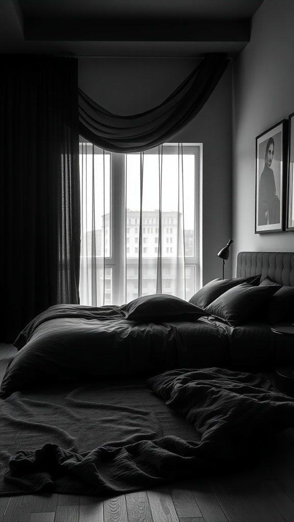 A cozy black bedroom featuring textured fabrics, including bedding and curtains, with a warm atmosphere.