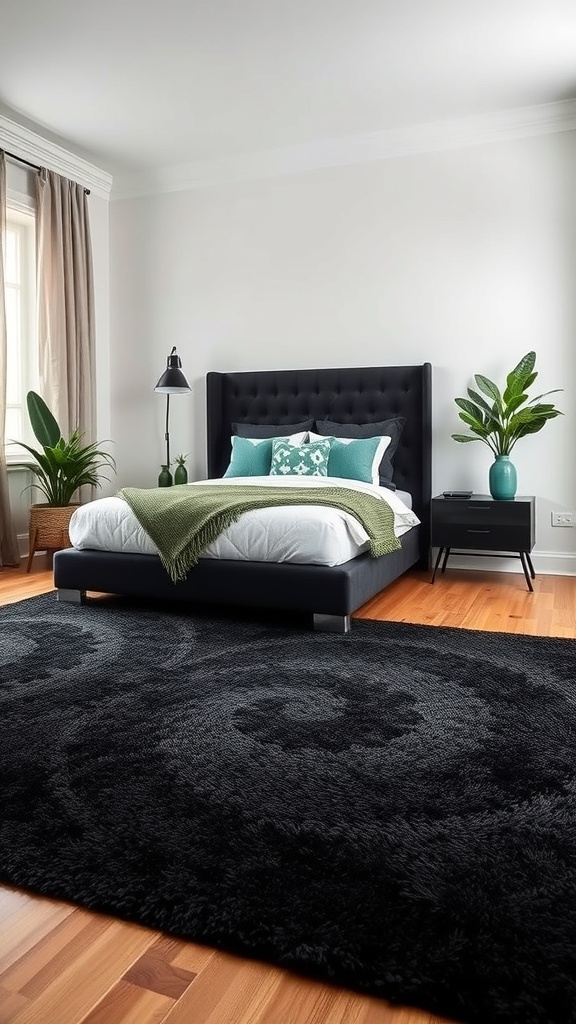 A stylish black and green bedroom featuring a textured black rug, a black bed frame, green accents, and wooden flooring.
