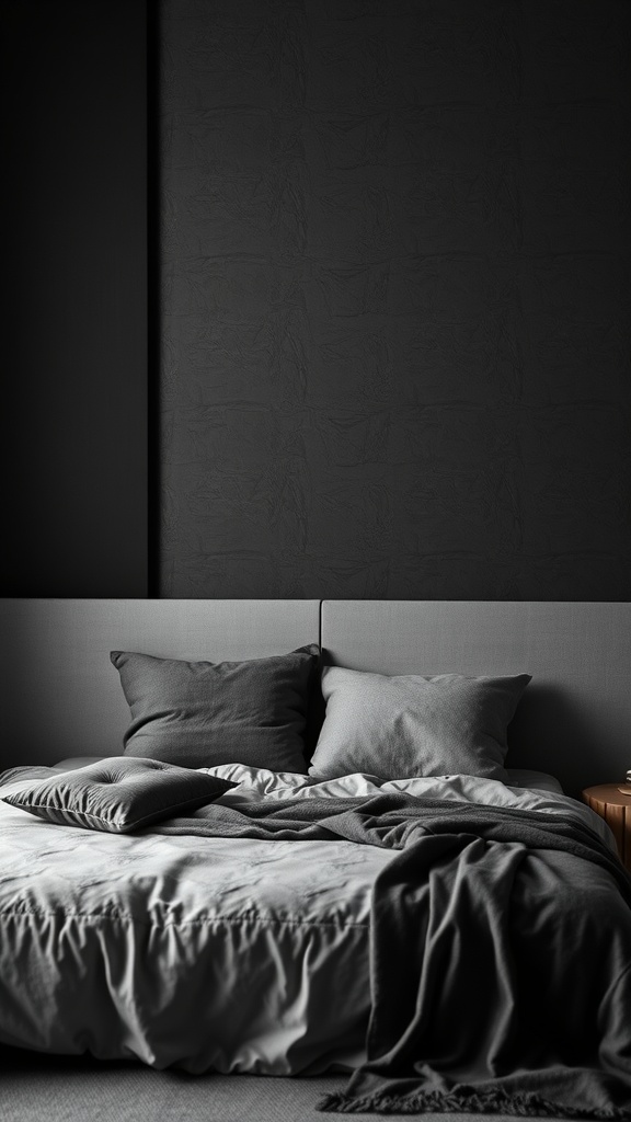 A cozy bedroom featuring a textured black wall and soft gray bedding.