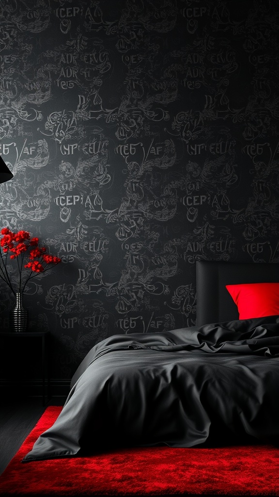 A bedroom featuring textured black wallpaper with intricate patterns, complemented by red bedding and a red rug.