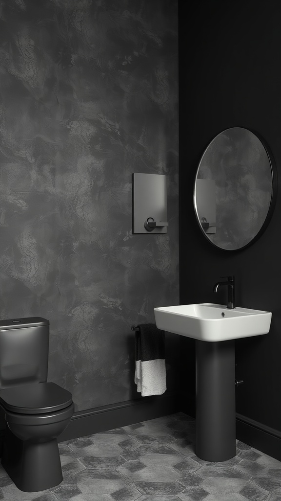 A modern bathroom featuring textured black walls, a white sink, and a round mirror.