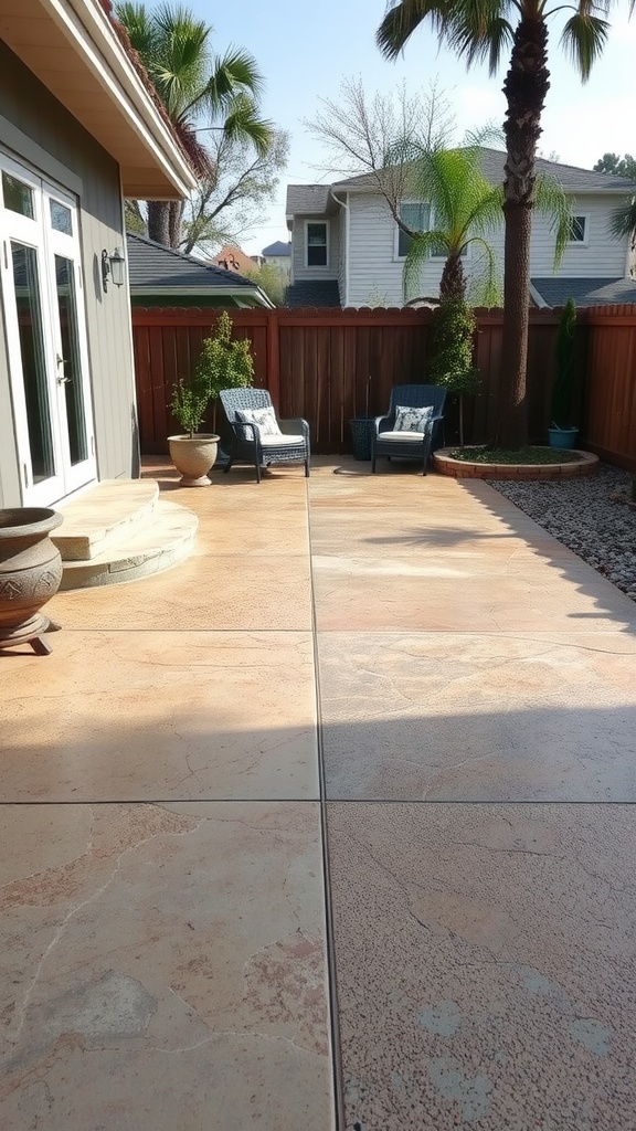 A textured concrete patio with smooth and patterned finishes, surrounded by greenery and outdoor seating.