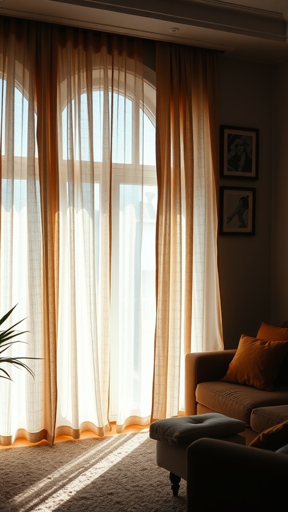 Cozy living room with textured curtains allowing sunlight to filter through.