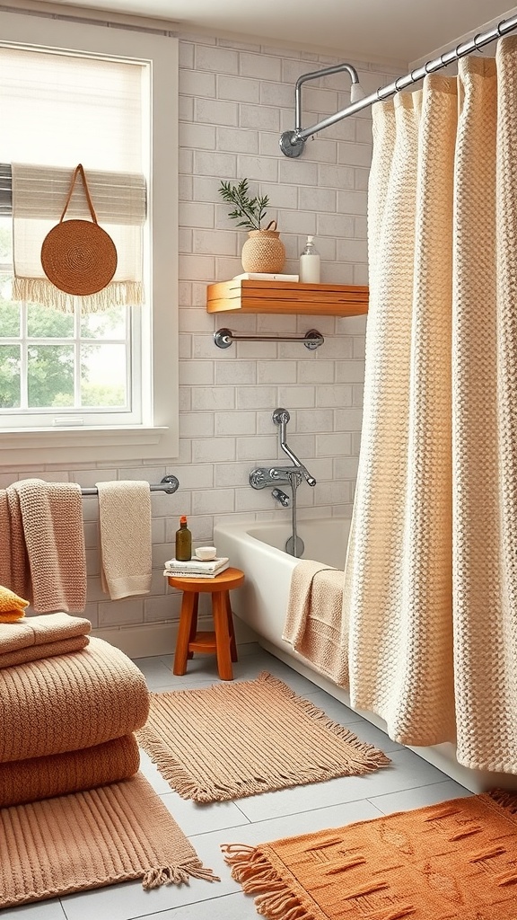 Aesthetic bathroom with textured fabrics and warm-toned accessories