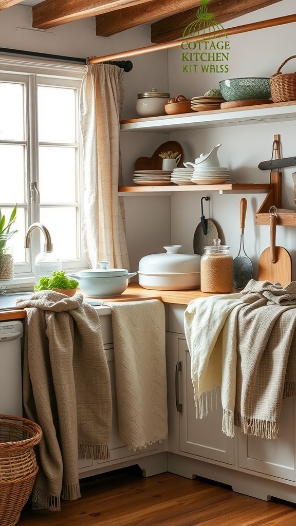 Cozy cottage kitchen with textured fabrics and linens