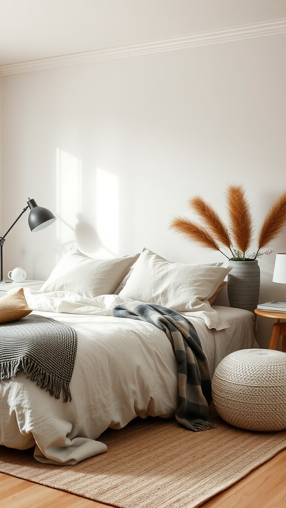 A cozy minimalist bedroom featuring soft bedding, textured throws, and natural elements.
