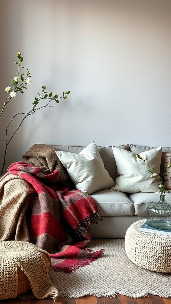 Cozy living room with a couch adorned with textured fabrics, pillows, and a soft blanket, complemented by a natural branch.