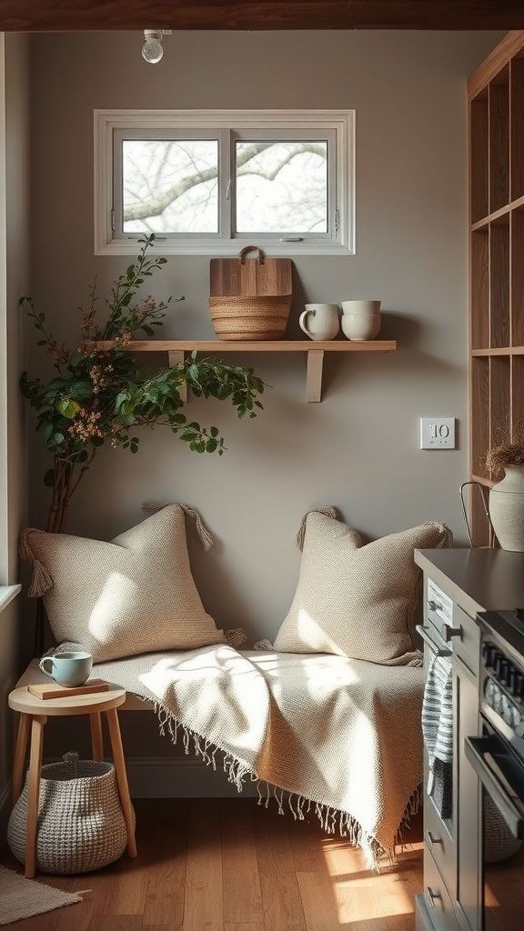 Cozy corner in a farmhouse kitchen with textured fabrics, including pillows and a blanket.