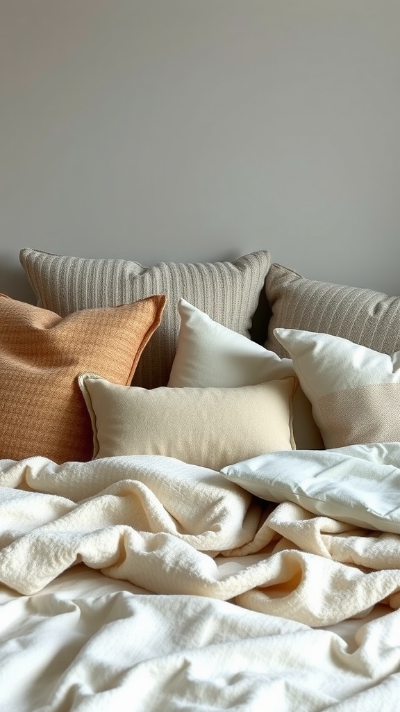 A collection of textured pillows in warm and neutral shades arranged on a bed.