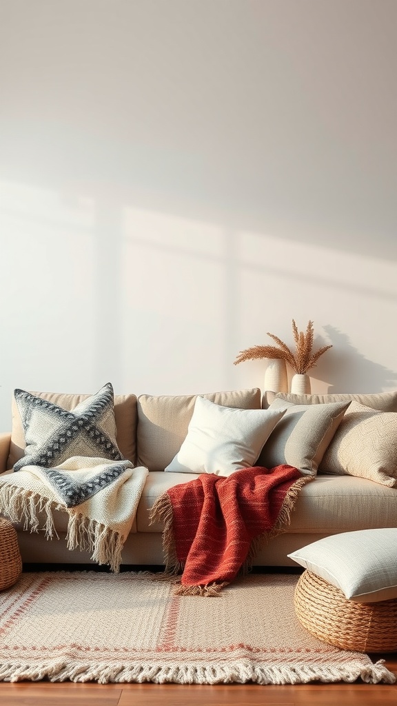 A minimalist living room featuring a beige sofa with various textured pillows and a red blanket, alongside a woven rug and decorative dried flowers.