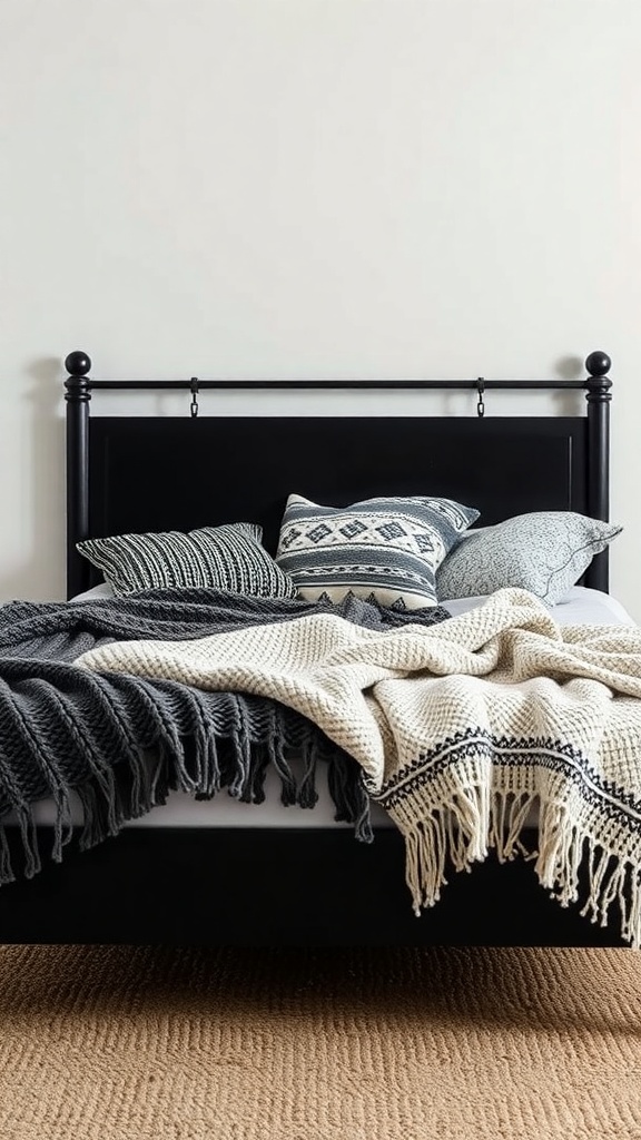 A cozy bed with a black frame, layered with various textured blankets and pillows.