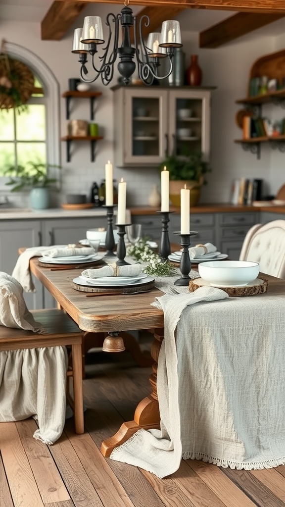 Cozy farmhouse kitchen with a wooden table set with textured linens, candles, and white dishes.