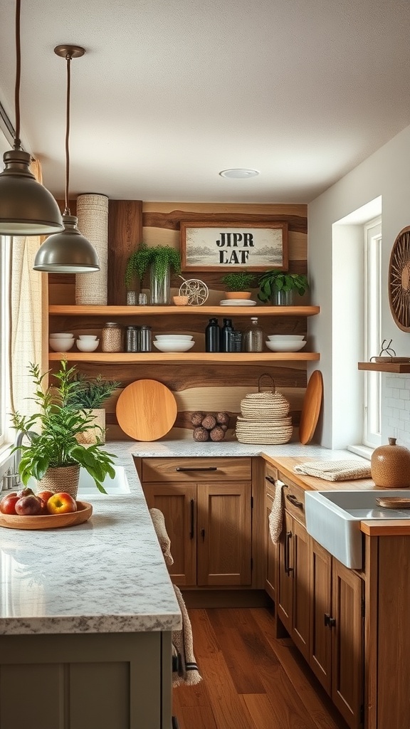 A cozy modern kitchen featuring wood shelves, marble countertops, plants, and warm lighting.