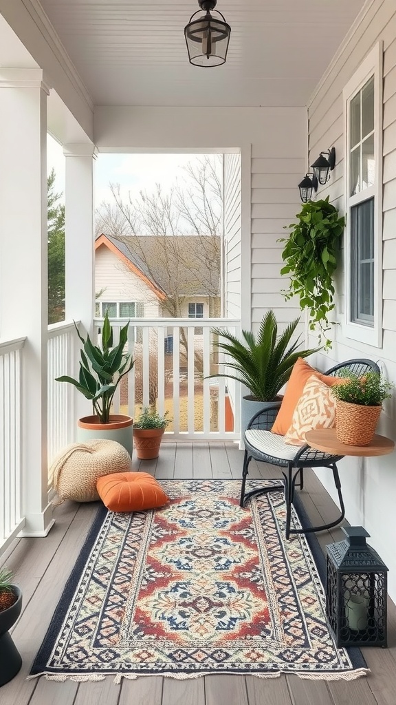 A cozy porch featuring a textured outdoor rug with intricate patterns, surrounded by potted plants and cushions.