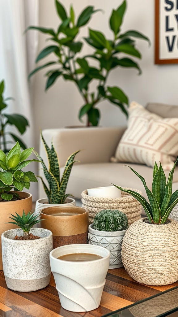 A collection of textured plant pots in a living room setting, showcasing various designs and plants.