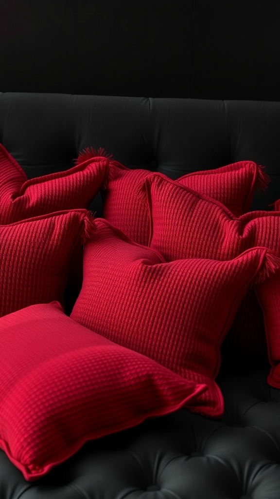 A collection of textured red throw pillows on a black sofa.