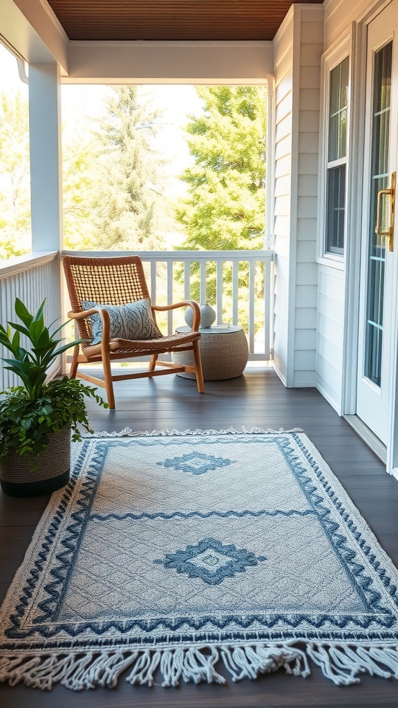 Textured rug with blue designs on a front porch, accompanied by a chair and potted plant.