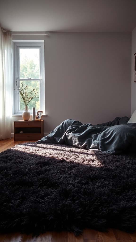 A cozy black shag rug in a bedroom with a window and soft bedding.