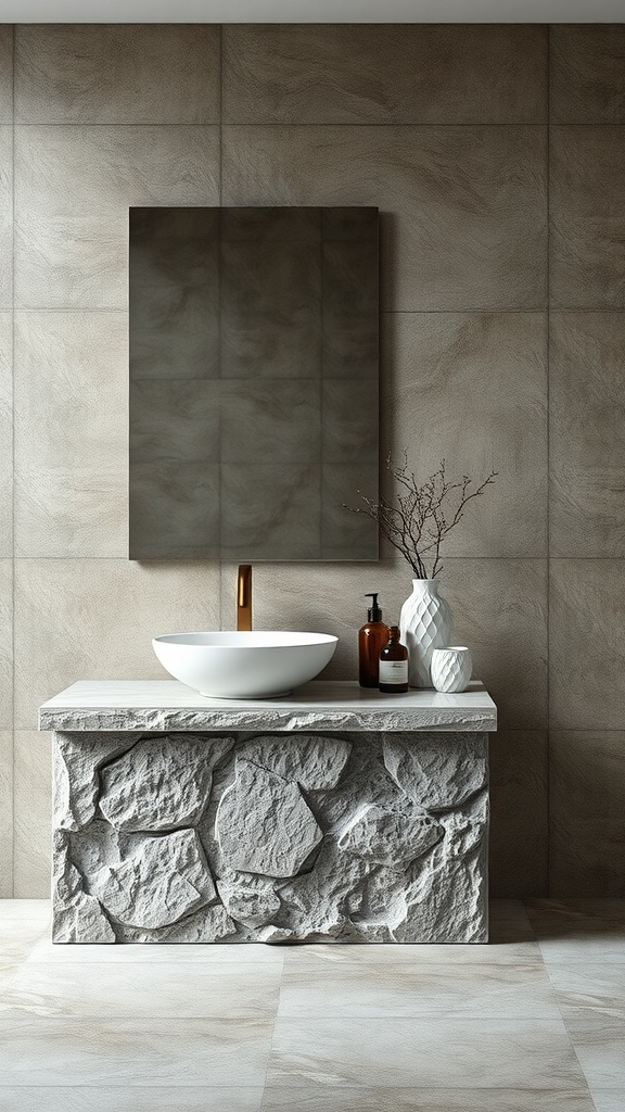 Modern bathroom vanity with textured stone base and smooth countertop.
