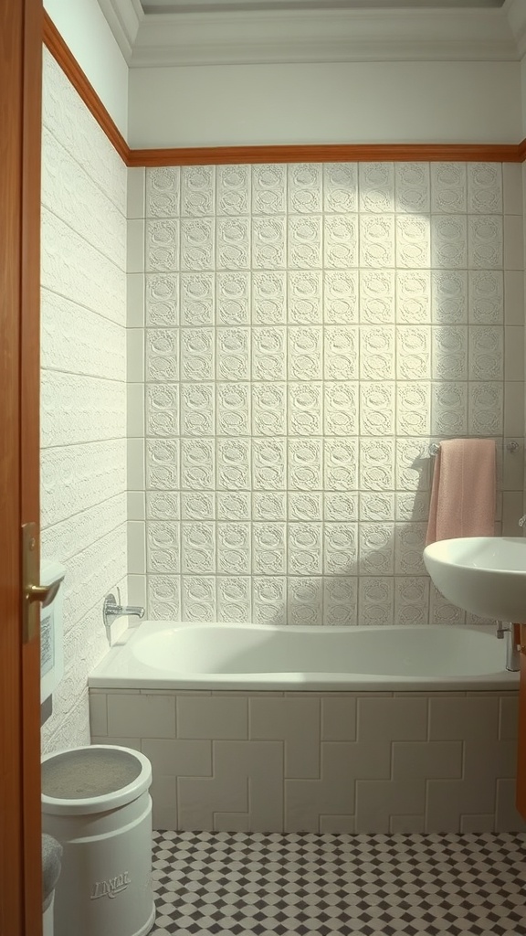 A 70s style bathroom featuring textured tile walls, a bathtub, and patterned flooring.