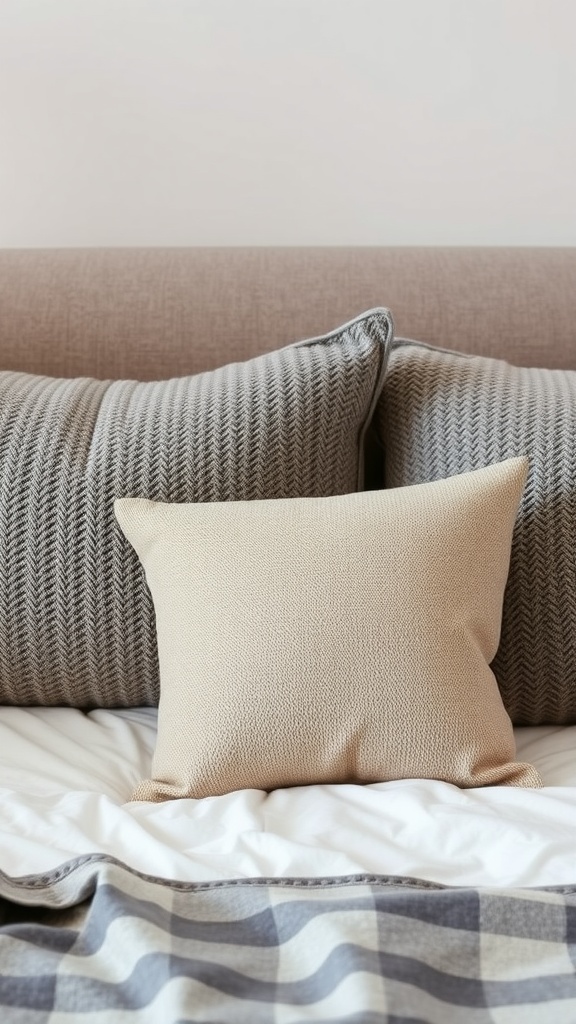 Gray and beige textured throw pillows on a bed