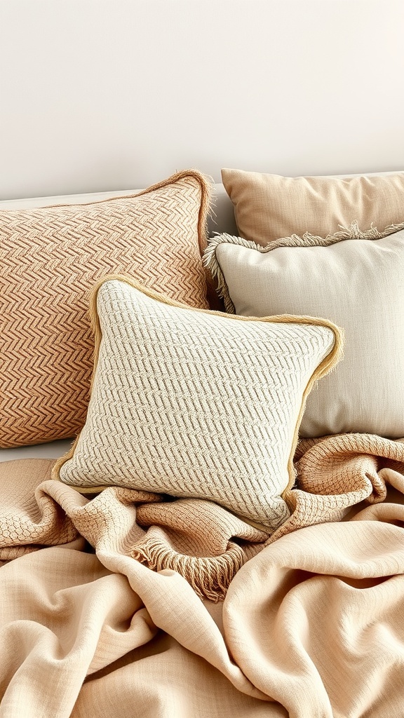 A collection of textured throw pillows and a blanket in warm beige and brown tones.