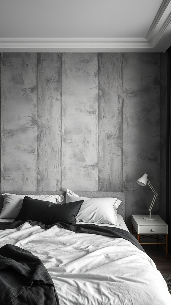 A grey textured wall panel in a black, white, and grey bedroom with a bed and bedside lamp.