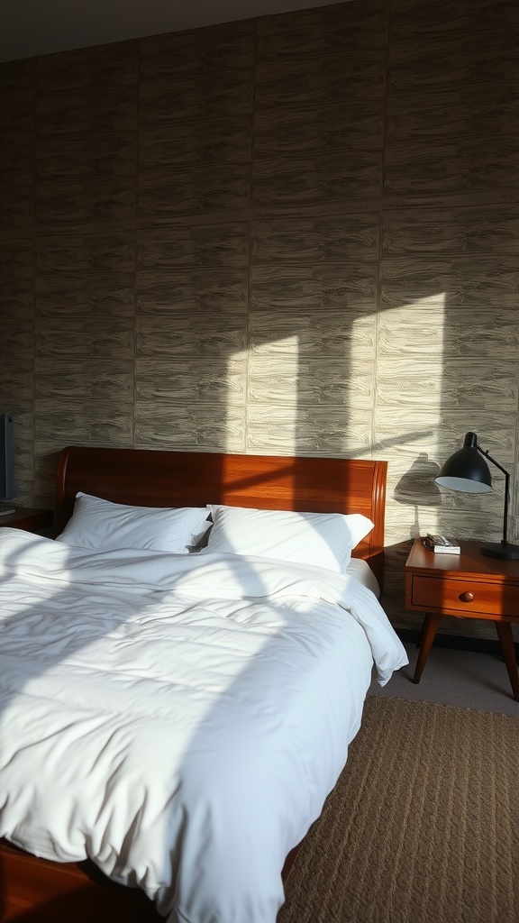 Cozy bedroom with textured wall, wooden furniture, and natural light