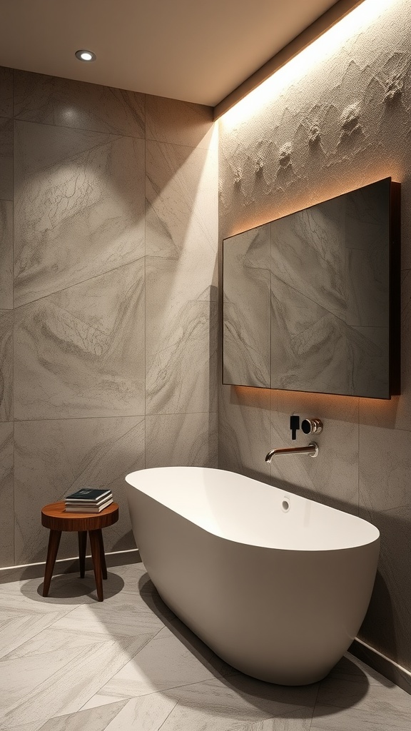 A modern bathroom with textured wall treatments, featuring a freestanding tub, stylish mirror, and warm lighting.