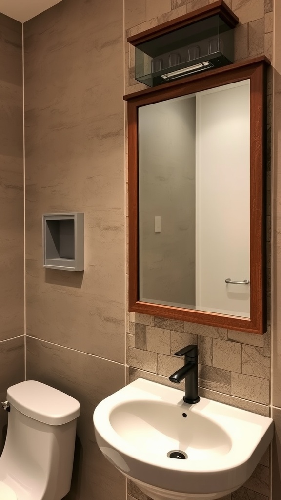 A modern guest bathroom featuring textured wall treatments with a stylish mirror and sink.