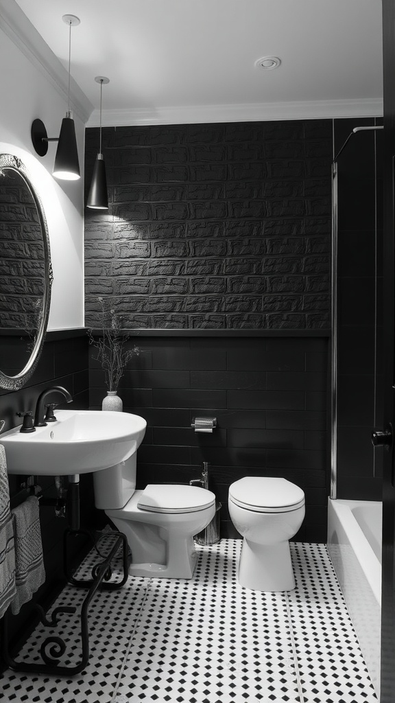 A modern black and white bathroom with textured walls, sleek fixtures, and stylish lighting.