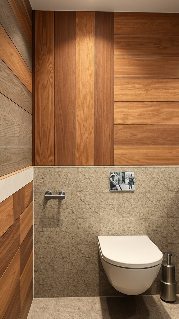 A bathroom with textured wooden wall panels and a stone lower wall, featuring a modern toilet and a photo on the wall.