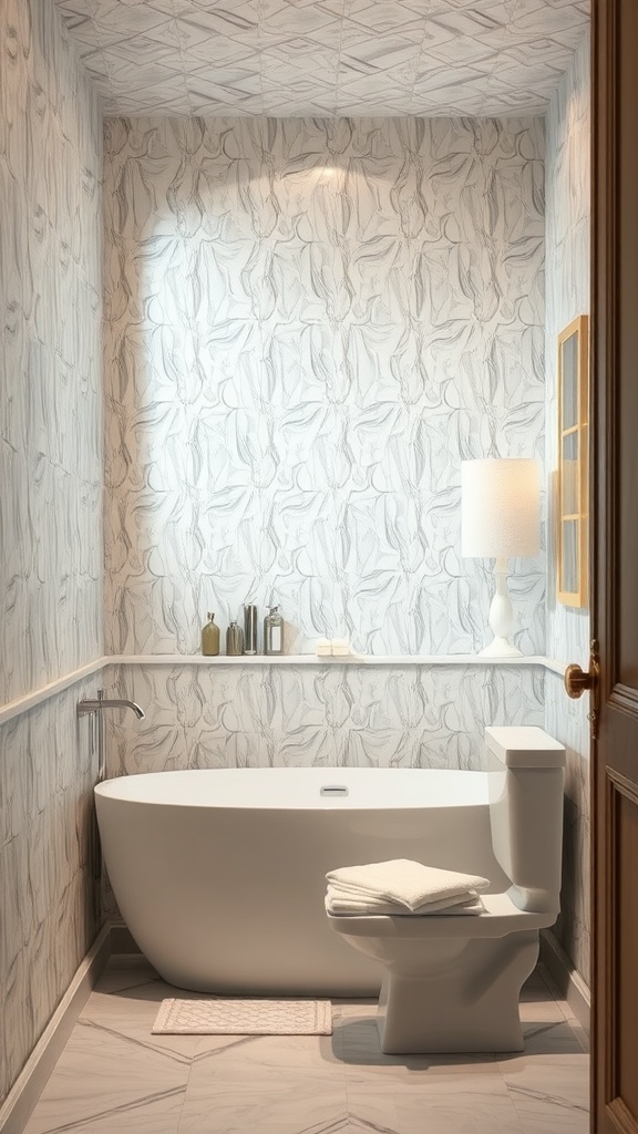 A stylish bathroom featuring textured floral wallpaper and a modern freestanding bathtub
