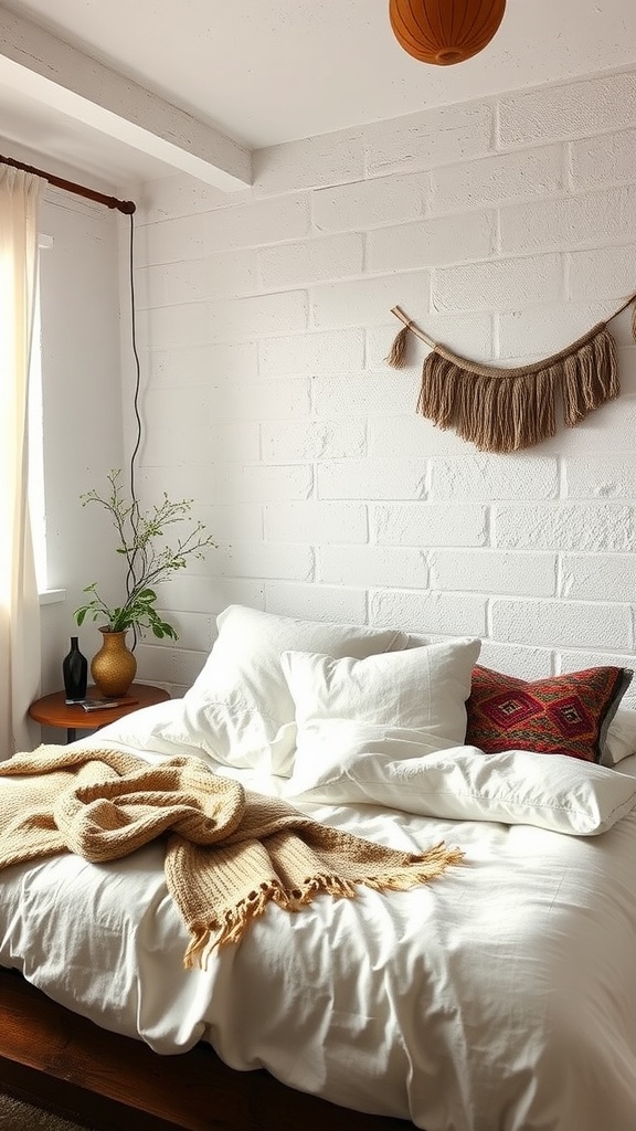A cozy boho bedroom featuring a textured white brick wall, soft bedding, and decorative elements.