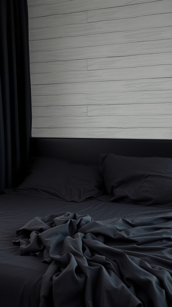 A cozy bedroom featuring black sheets on a bed with a textured light wood wall behind it.