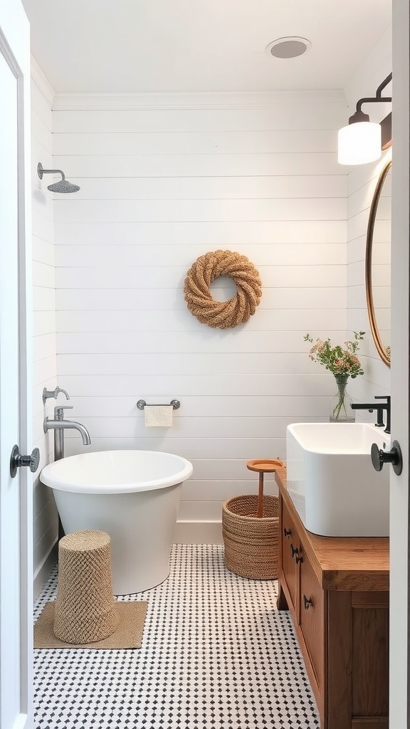 Modern farmhouse bathroom with shiplap walls, woven wreath, and black and white patterned floor tiles.