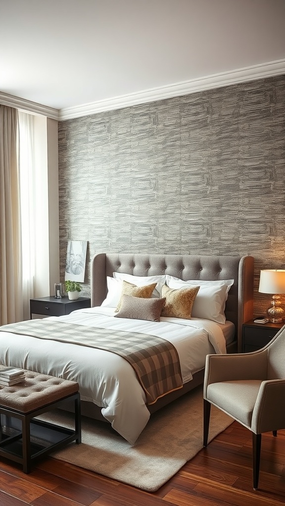 A cozy bedroom featuring a textured wallpaper accent wall, plush bedding, and elegant furniture.
