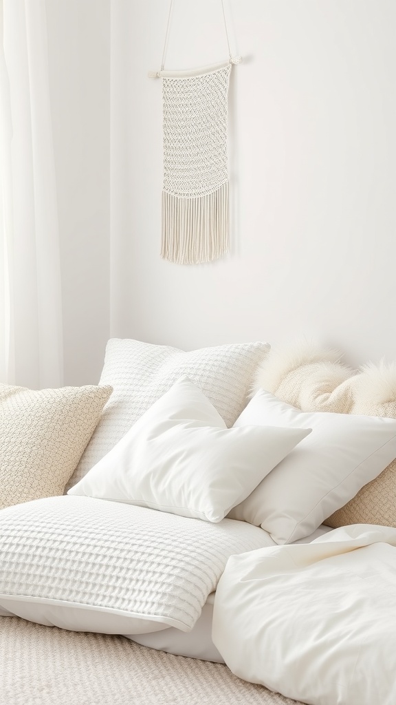 A minimal white bedroom featuring textured pillows and a wall hanging.