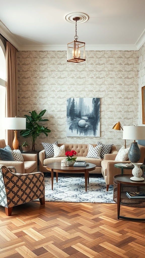 A cozy living room featuring a beige sofa, patterned armchair, wooden coffee table, and a beautiful area rug.