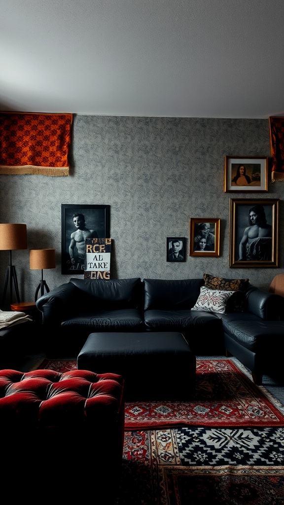 A dark living room featuring a leather sofa, tufted ottoman, patterned rugs, and various wall art.