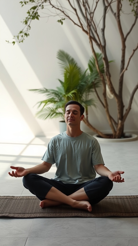 A person meditating in a minimalistic, serene environment with plants.
