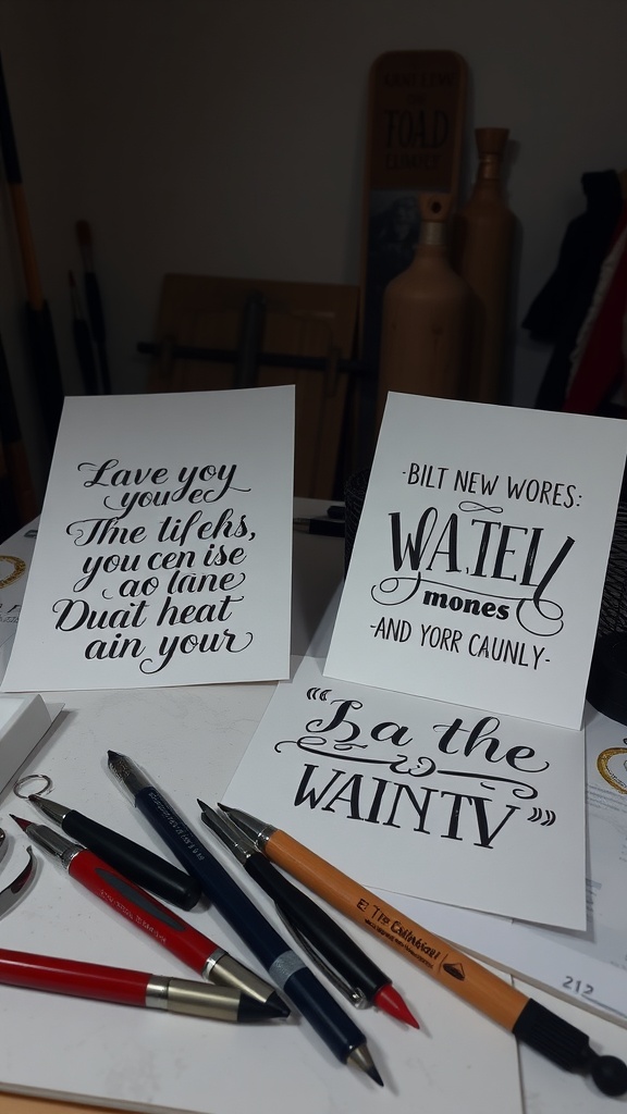 An array of hand-lettered notes and colorful pens on a table, showcasing the art of hand lettering.