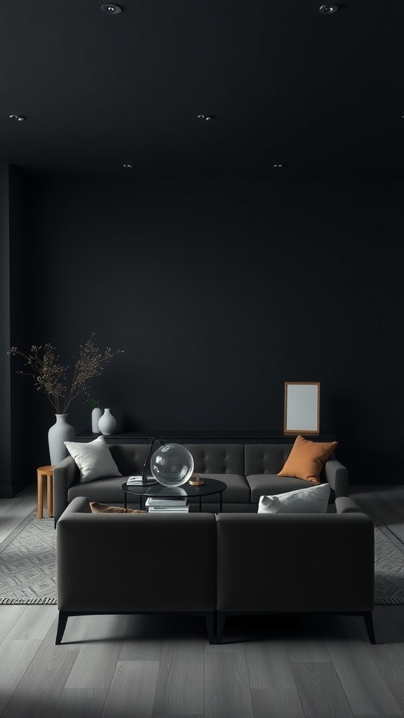 A dark living room featuring a modern couch, a coffee table, and minimalist decor.