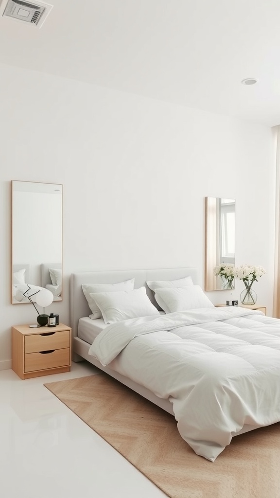A minimal bedroom featuring two mirrors, a bed with white bedding, and a nightstand with a lamp and decor.