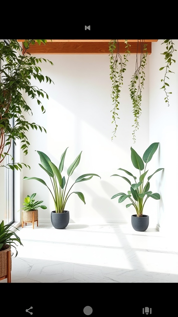Bright minimalist living space with various indoor plants in pots, emphasizing a natural aesthetic.
