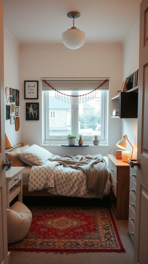 A small, cozy bedroom with a bed, decorative pillows, art on the walls, and a rug.