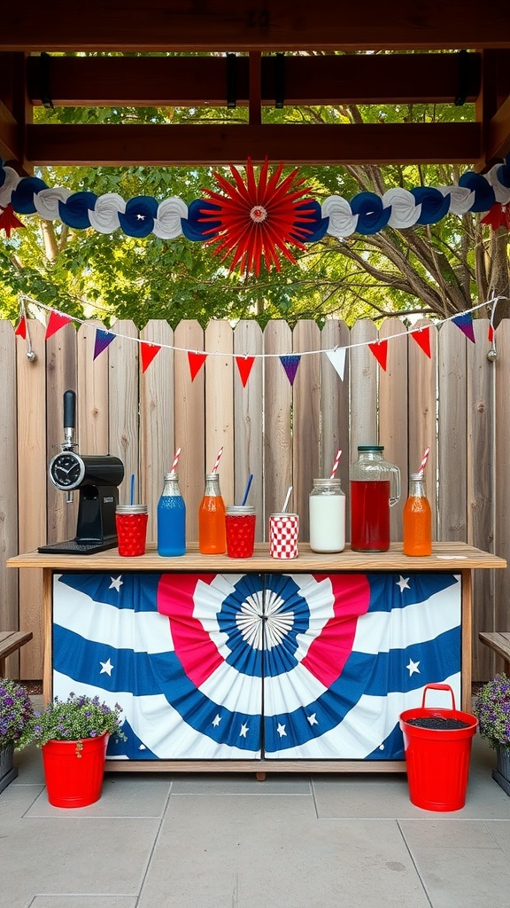 A Fourth of July themed drink station with red, white, and blue decorations, colorful beverages, and festive cups.